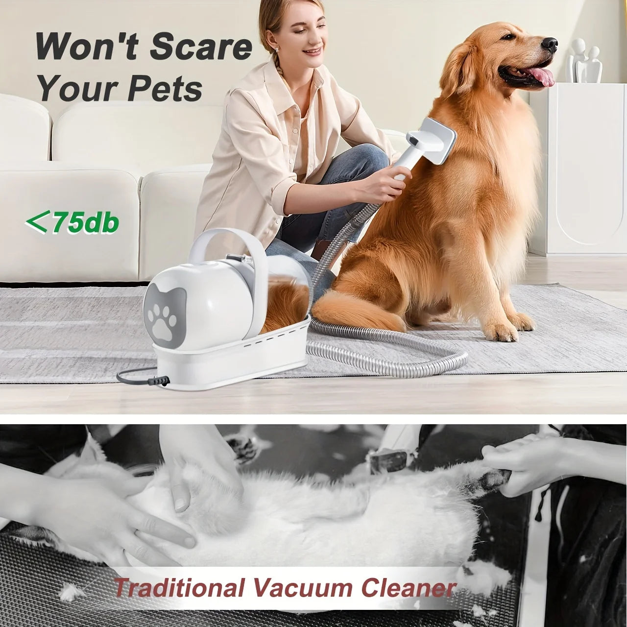 Low Noise Pet Vacuum Kit 7 in 1 with Nail Grinder Hair Trimming and Grooming